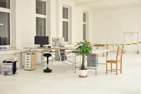 Gereinigtes Büro mit Schreibtischen und Pflanze in einem Altbau
