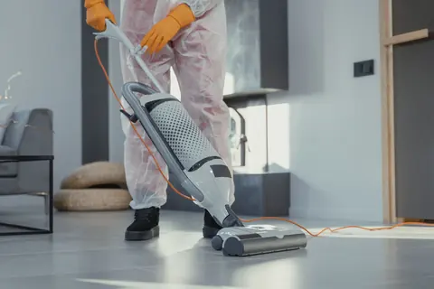 Reinigungskraft in Schutzkleidung bei der Grundreinigung eines Bodens